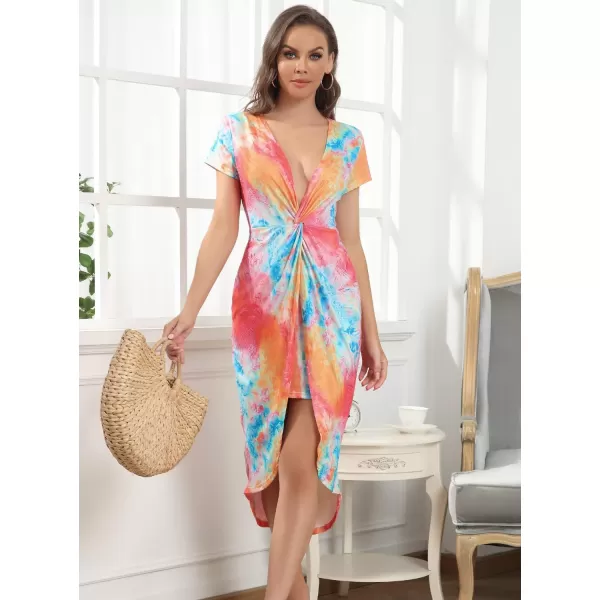 SouqFone Womens Summer Casual Long Dresses V Neck Beach Party Dress23orange Tie Dye