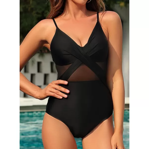 SuperPrity One Piece Swimsuits V Neck Mesh Tummy Control Bathing Suits for Women Criss Cross MonokiniAvailable in Plus SizeBlack