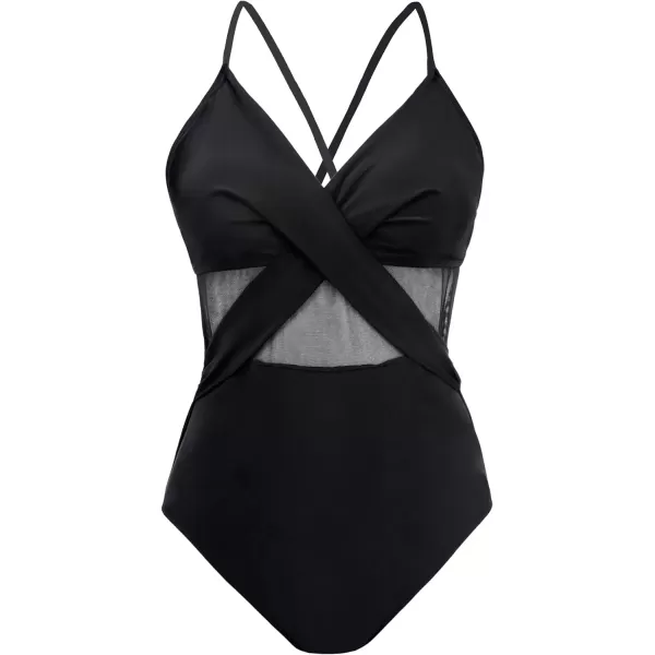 SuperPrity One Piece Swimsuits V Neck Mesh Tummy Control Bathing Suits for Women Criss Cross MonokiniAvailable in Plus SizeBlack