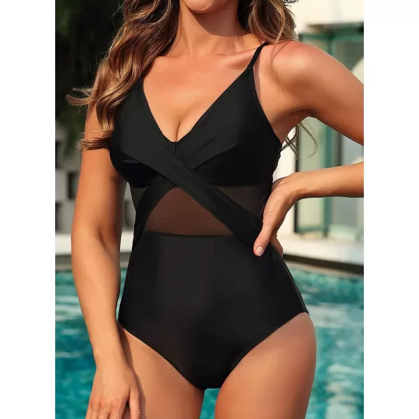 SuperPrity One Piece Swimsuits V Neck Mesh Tummy Control Bathing Suits for Women Criss Cross MonokiniAvailable in Plus SizeBlack