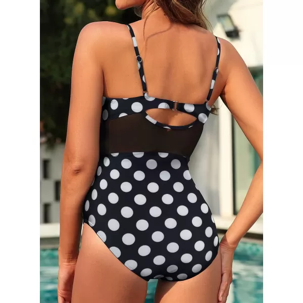 SuperPrity One Piece Swimsuits V Neck Mesh Tummy Control Bathing Suits for Women Criss Cross MonokiniAvailable in Plus SizePolka Dot