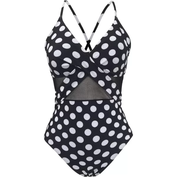 SuperPrity One Piece Swimsuits V Neck Mesh Tummy Control Bathing Suits for Women Criss Cross MonokiniAvailable in Plus SizePolka Dot