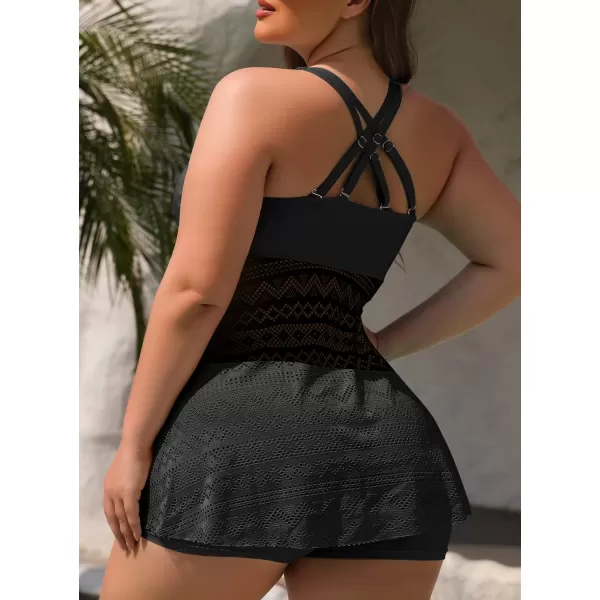 SuperPrity Tankini Bathing Suit for Women 2 Piece Lace Crochet Tummy Control Swimsuit with ShortsAvailable in Plus Size02black