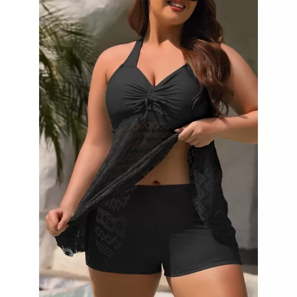 SuperPrity Tankini Bathing Suit for Women 2 Piece Lace Crochet Tummy Control Swimsuit with ShortsAvailable in Plus Size02black