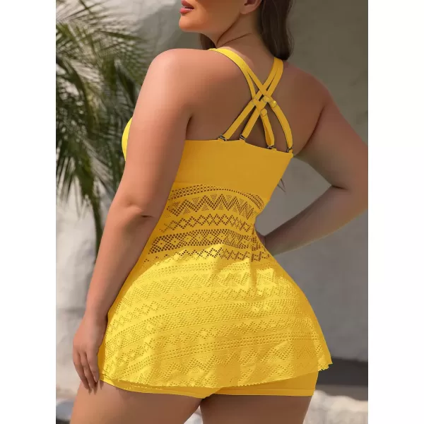 SuperPrity Tankini Bathing Suit for Women 2 Piece Lace Crochet Tummy Control Swimsuit with ShortsAvailable in Plus Size05yellow