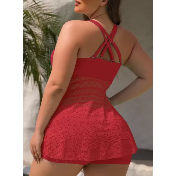 SuperPrity Tankini Bathing Suit for Women 2 Piece Lace Crochet Tummy Control Swimsuit with ShortsAvailable in Plus Size06red