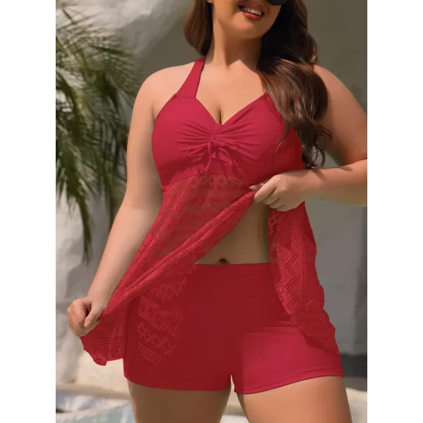 SuperPrity Tankini Bathing Suit for Women 2 Piece Lace Crochet Tummy Control Swimsuit with ShortsAvailable in Plus Size06red