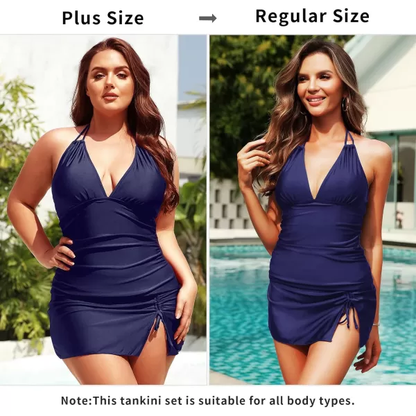 SuperPrity Women 3 Piece Tankini Swimsuits Halter Tummy Control Bathing Suits with Bikini Bottom SkirtAvailable in Plus04navy Blue