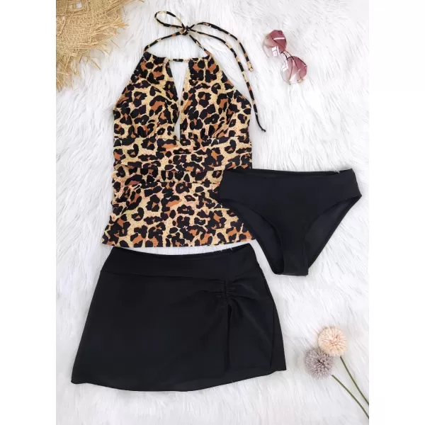 SuperPrity Women 3 Piece Tankini Swimsuits Halter Tummy Control Bathing Suits with Bikini Bottom SkirtAvailable in PlusBlack Leopard