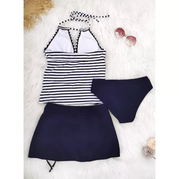 SuperPrity Women 3 Piece Tankini Swimsuits Halter Tummy Control Bathing Suits with Bikini Bottom SkirtAvailable in PlusBlue White Stripe