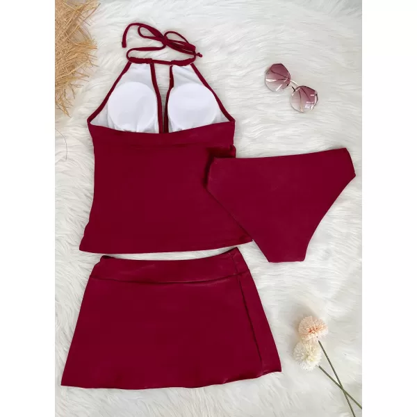 SuperPrity Women 3 Piece Tankini Swimsuits Halter Tummy Control Bathing Suits with Bikini Bottom SkirtAvailable in PlusShiny Wine Red