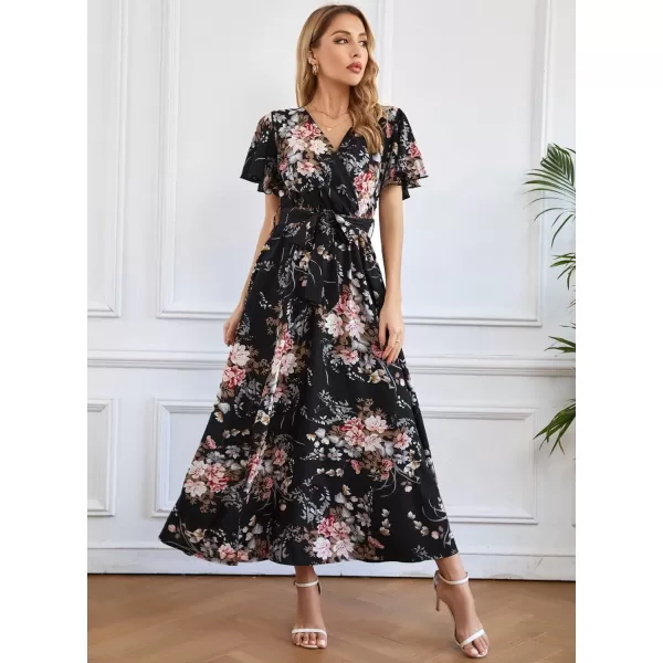 SuperPrity Women Short SleeveLong Sleeve Floral Wrap Maxi Dresses V Neck High Waist Flowy ALine Long Cocktail Party Dress0001pink Floral