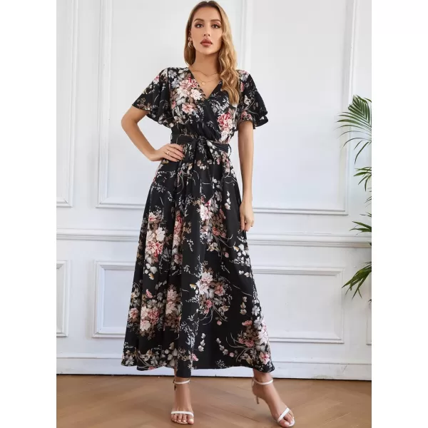 SuperPrity Women Short SleeveLong Sleeve Floral Wrap Maxi Dresses V Neck High Waist Flowy ALine Long Cocktail Party Dress0001pink Floral