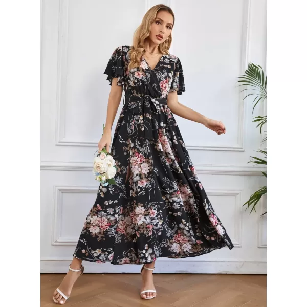 SuperPrity Women Short SleeveLong Sleeve Floral Wrap Maxi Dresses V Neck High Waist Flowy ALine Long Cocktail Party Dress0001pink Floral