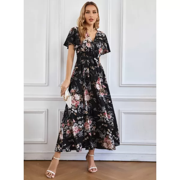 SuperPrity Women Short SleeveLong Sleeve Floral Wrap Maxi Dresses V Neck High Waist Flowy ALine Long Cocktail Party Dress0001pink Floral