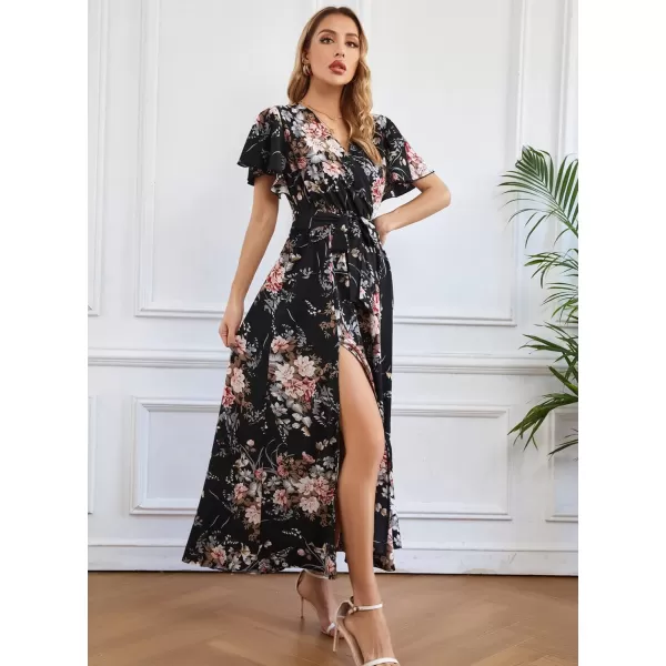 SuperPrity Women Short SleeveLong Sleeve Floral Wrap Maxi Dresses V Neck High Waist Flowy ALine Long Cocktail Party Dress0001pink Floral