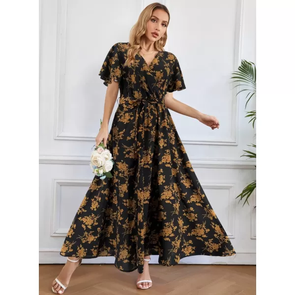 SuperPrity Women Short SleeveLong Sleeve Floral Wrap Maxi Dresses V Neck High Waist Flowy ALine Long Cocktail Party Dress0002yellow Floral