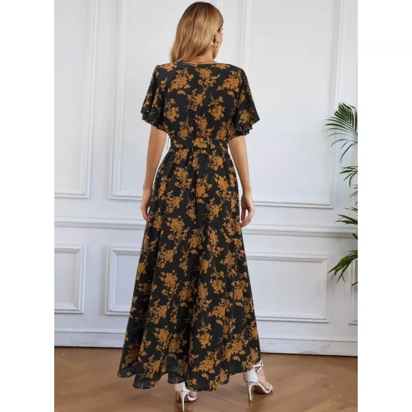 SuperPrity Women Short SleeveLong Sleeve Floral Wrap Maxi Dresses V Neck High Waist Flowy ALine Long Cocktail Party Dress0002yellow Floral