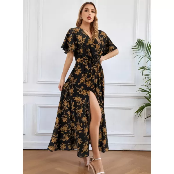 SuperPrity Women Short SleeveLong Sleeve Floral Wrap Maxi Dresses V Neck High Waist Flowy ALine Long Cocktail Party Dress0002yellow Floral