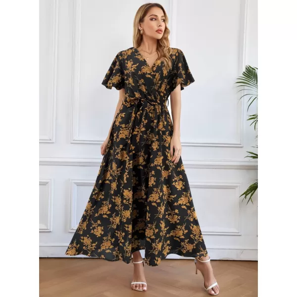 SuperPrity Women Short SleeveLong Sleeve Floral Wrap Maxi Dresses V Neck High Waist Flowy ALine Long Cocktail Party Dress0002yellow Floral