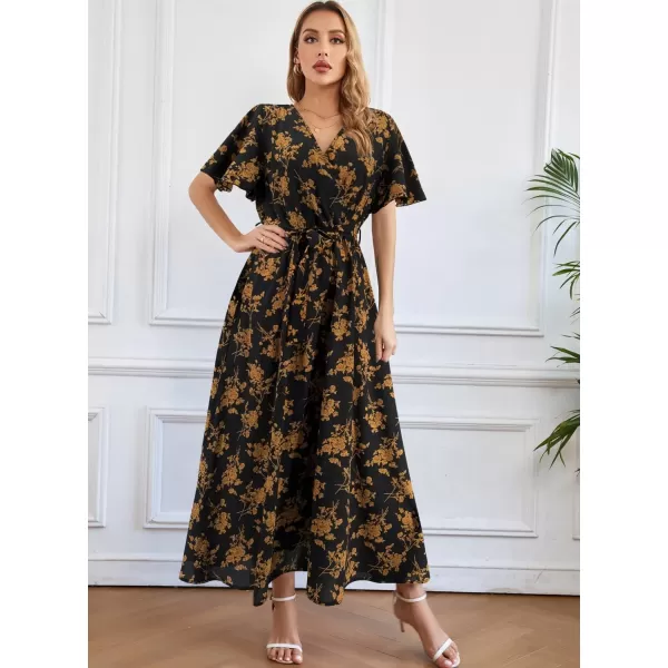 SuperPrity Women Short SleeveLong Sleeve Floral Wrap Maxi Dresses V Neck High Waist Flowy ALine Long Cocktail Party Dress0002yellow Floral