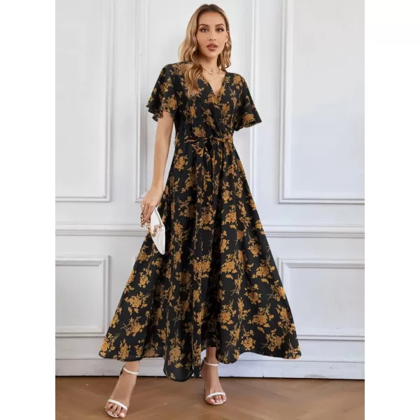 SuperPrity Women Short SleeveLong Sleeve Floral Wrap Maxi Dresses V Neck High Waist Flowy ALine Long Cocktail Party Dress0002yellow Floral
