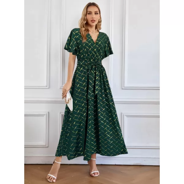 SuperPrity Women Short SleeveLong Sleeve Floral Wrap Maxi Dresses V Neck High Waist Flowy ALine Long Cocktail Party Dress0003green Plaid