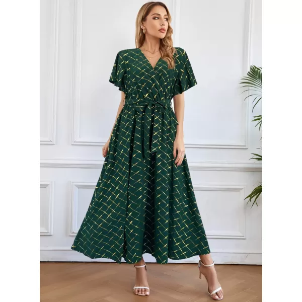 SuperPrity Women Short SleeveLong Sleeve Floral Wrap Maxi Dresses V Neck High Waist Flowy ALine Long Cocktail Party Dress0003green Plaid