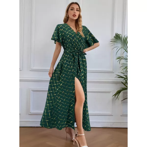 SuperPrity Women Short SleeveLong Sleeve Floral Wrap Maxi Dresses V Neck High Waist Flowy ALine Long Cocktail Party Dress0003green Plaid
