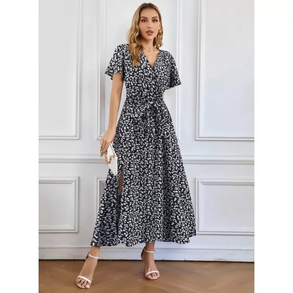 SuperPrity Women Short SleeveLong Sleeve Floral Wrap Maxi Dresses V Neck High Waist Flowy ALine Long Cocktail Party Dress0004black White Floral