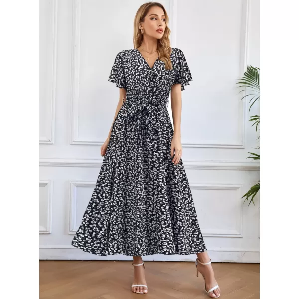 SuperPrity Women Short SleeveLong Sleeve Floral Wrap Maxi Dresses V Neck High Waist Flowy ALine Long Cocktail Party Dress0004black White Floral