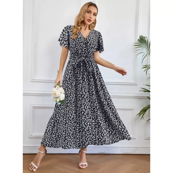 SuperPrity Women Short SleeveLong Sleeve Floral Wrap Maxi Dresses V Neck High Waist Flowy ALine Long Cocktail Party Dress0004black White Floral