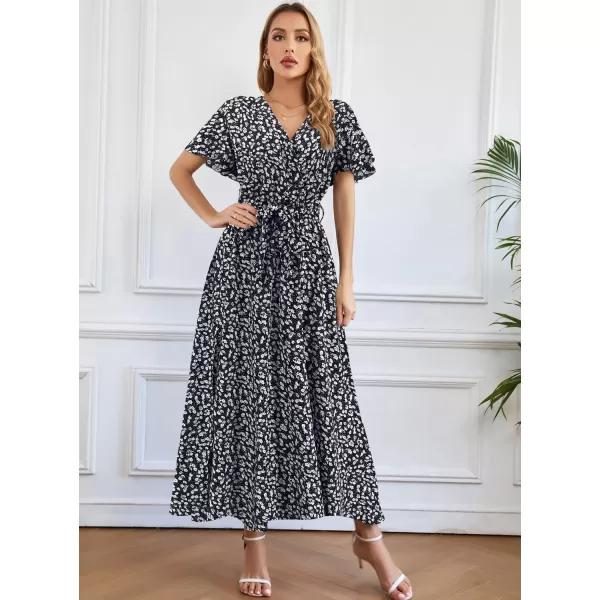 SuperPrity Women Short SleeveLong Sleeve Floral Wrap Maxi Dresses V Neck High Waist Flowy ALine Long Cocktail Party Dress0004black White Floral