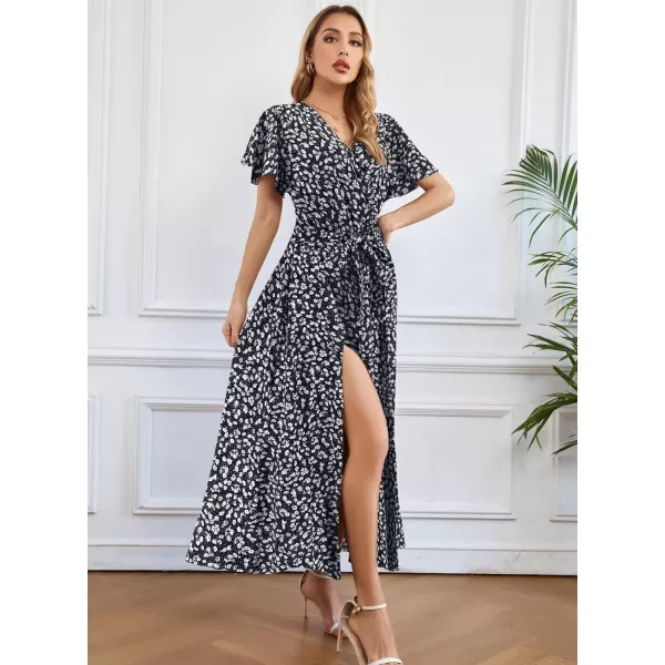 SuperPrity Women Short SleeveLong Sleeve Floral Wrap Maxi Dresses V Neck High Waist Flowy ALine Long Cocktail Party Dress0004black White Floral