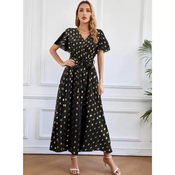 SuperPrity Women Short SleeveLong Sleeve Floral Wrap Maxi Dresses V Neck High Waist Flowy ALine Long Cocktail Party Dress0006black Gold Dot