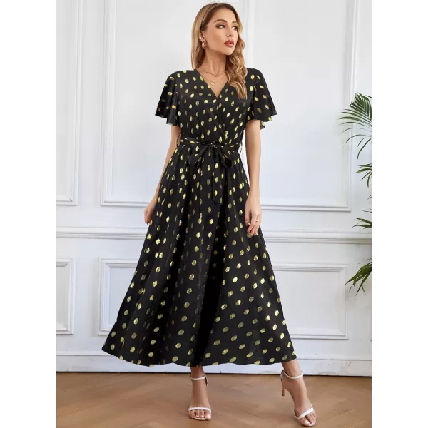 SuperPrity Women Short SleeveLong Sleeve Floral Wrap Maxi Dresses V Neck High Waist Flowy ALine Long Cocktail Party Dress0006black Gold Dot