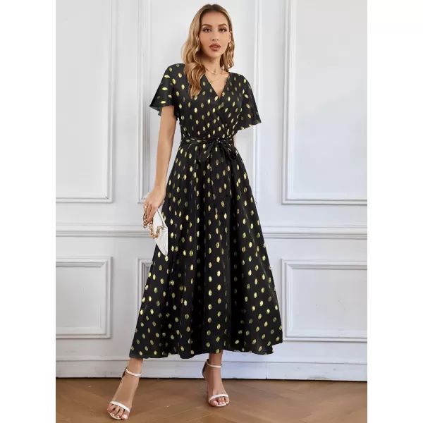 SuperPrity Women Short SleeveLong Sleeve Floral Wrap Maxi Dresses V Neck High Waist Flowy ALine Long Cocktail Party Dress0006black Gold Dot