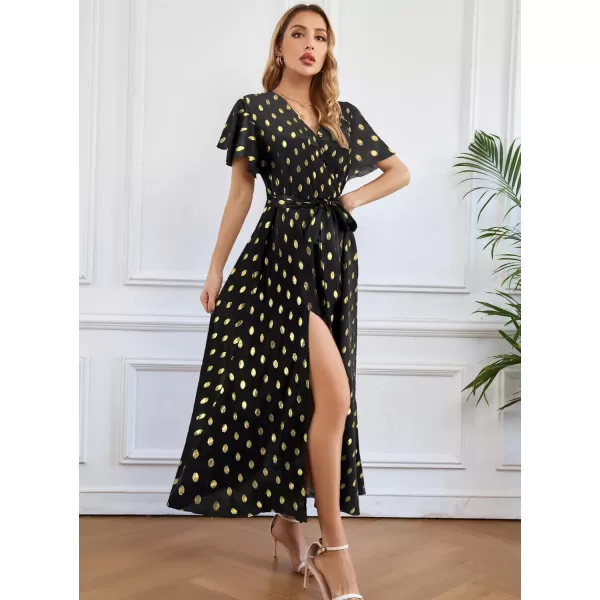 SuperPrity Women Short SleeveLong Sleeve Floral Wrap Maxi Dresses V Neck High Waist Flowy ALine Long Cocktail Party Dress0006black Gold Dot