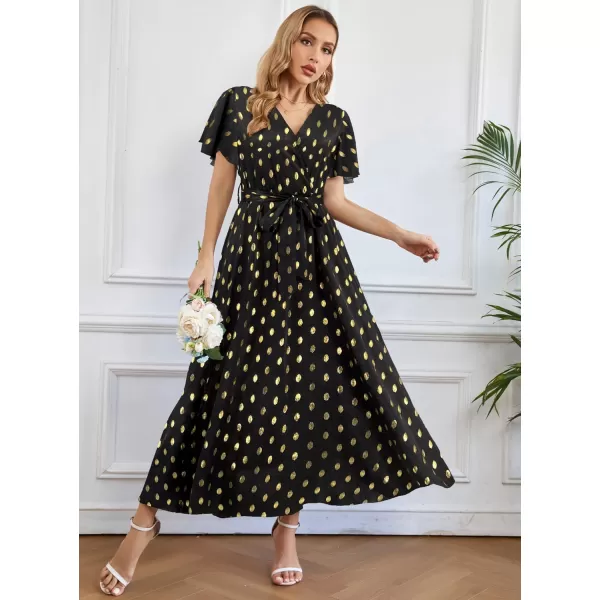 SuperPrity Women Short SleeveLong Sleeve Floral Wrap Maxi Dresses V Neck High Waist Flowy ALine Long Cocktail Party Dress0006black Gold Dot