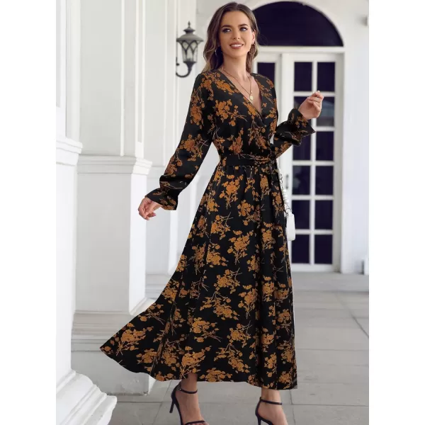 SuperPrity Women Short SleeveLong Sleeve Floral Wrap Maxi Dresses V Neck High Waist Flowy ALine Long Cocktail Party Dress001black Yellow Floral