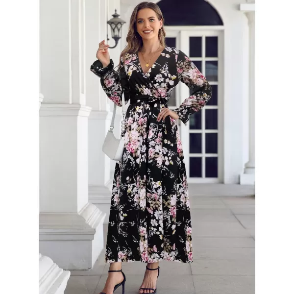 SuperPrity Women Short SleeveLong Sleeve Floral Wrap Maxi Dresses V Neck High Waist Flowy ALine Long Cocktail Party Dress002black Pink Floral