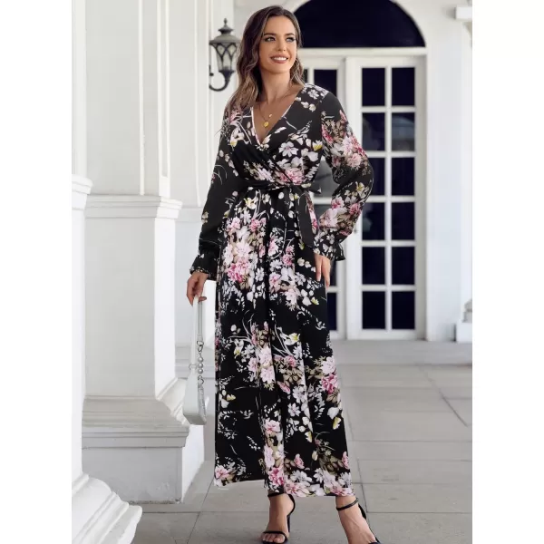 SuperPrity Women Short SleeveLong Sleeve Floral Wrap Maxi Dresses V Neck High Waist Flowy ALine Long Cocktail Party Dress002black Pink Floral