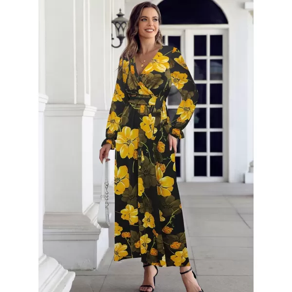 SuperPrity Women Short SleeveLong Sleeve Floral Wrap Maxi Dresses V Neck High Waist Flowy ALine Long Cocktail Party DressGold Floral