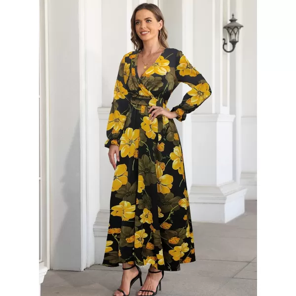 SuperPrity Women Short SleeveLong Sleeve Floral Wrap Maxi Dresses V Neck High Waist Flowy ALine Long Cocktail Party DressGold Floral