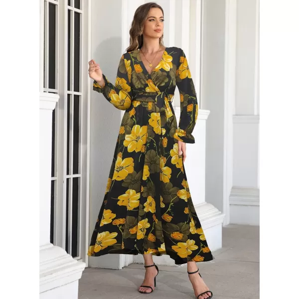 SuperPrity Women Short SleeveLong Sleeve Floral Wrap Maxi Dresses V Neck High Waist Flowy ALine Long Cocktail Party DressGold Floral