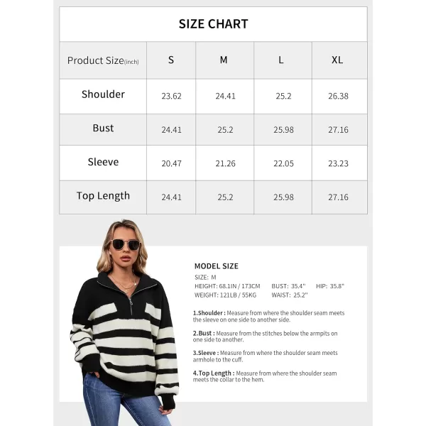 SuperPrity Women Striped Pullover Sweater Quarter Zip Long Sleeve Sweater Tops V Neck Collar Oversized Knit SweatersBlack Stripe