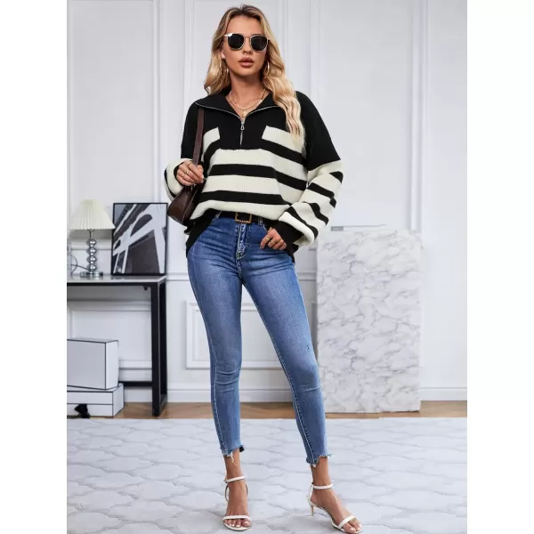 SuperPrity Women Striped Pullover Sweater Quarter Zip Long Sleeve Sweater Tops V Neck Collar Oversized Knit SweatersBlack Stripe