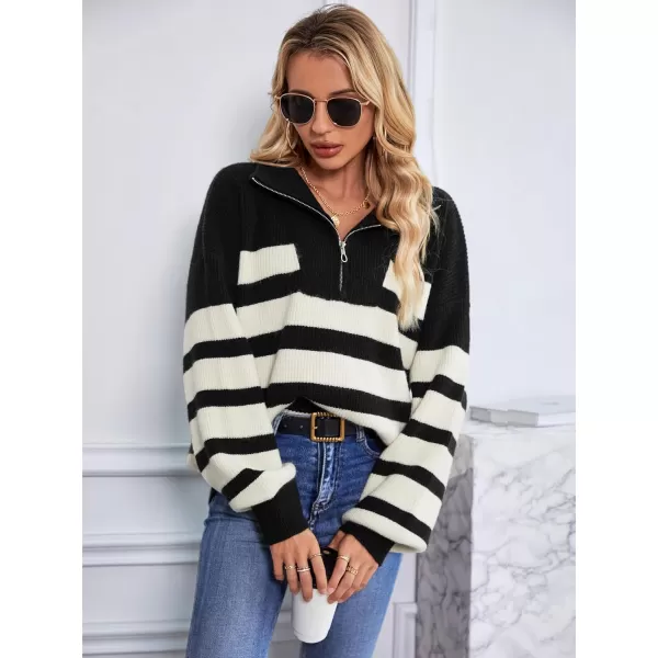 SuperPrity Women Striped Pullover Sweater Quarter Zip Long Sleeve Sweater Tops V Neck Collar Oversized Knit SweatersBlack Stripe