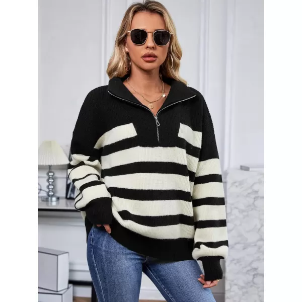 SuperPrity Women Striped Pullover Sweater Quarter Zip Long Sleeve Sweater Tops V Neck Collar Oversized Knit SweatersBlack Stripe