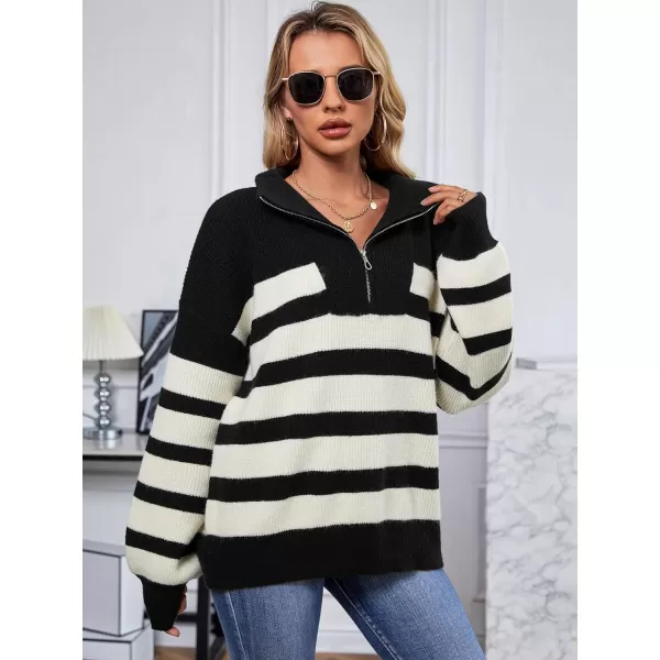 SuperPrity Women Striped Pullover Sweater Quarter Zip Long Sleeve Sweater Tops V Neck Collar Oversized Knit SweatersBlack Stripe